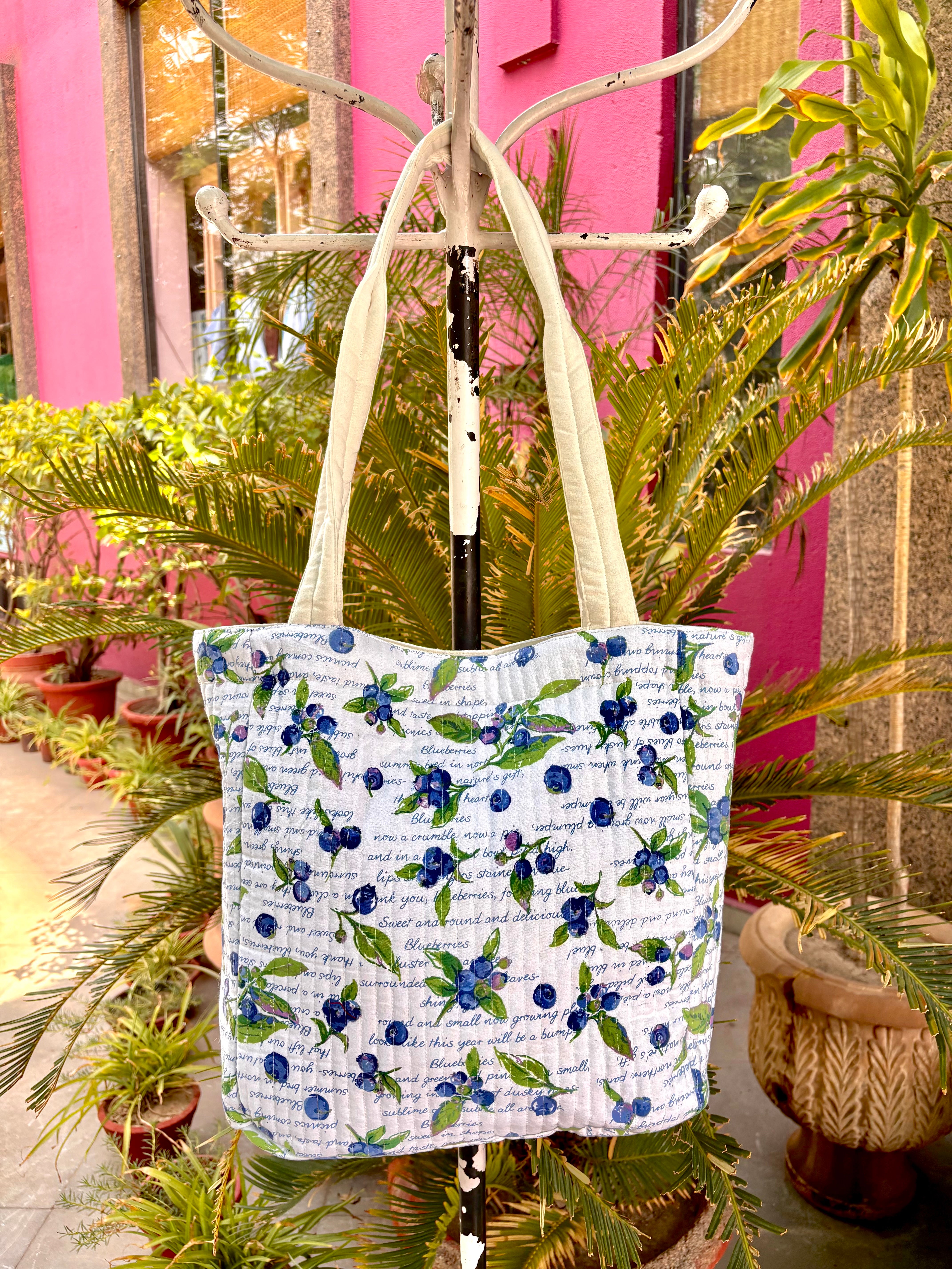 Blueberry Quilted Tote Bag – White