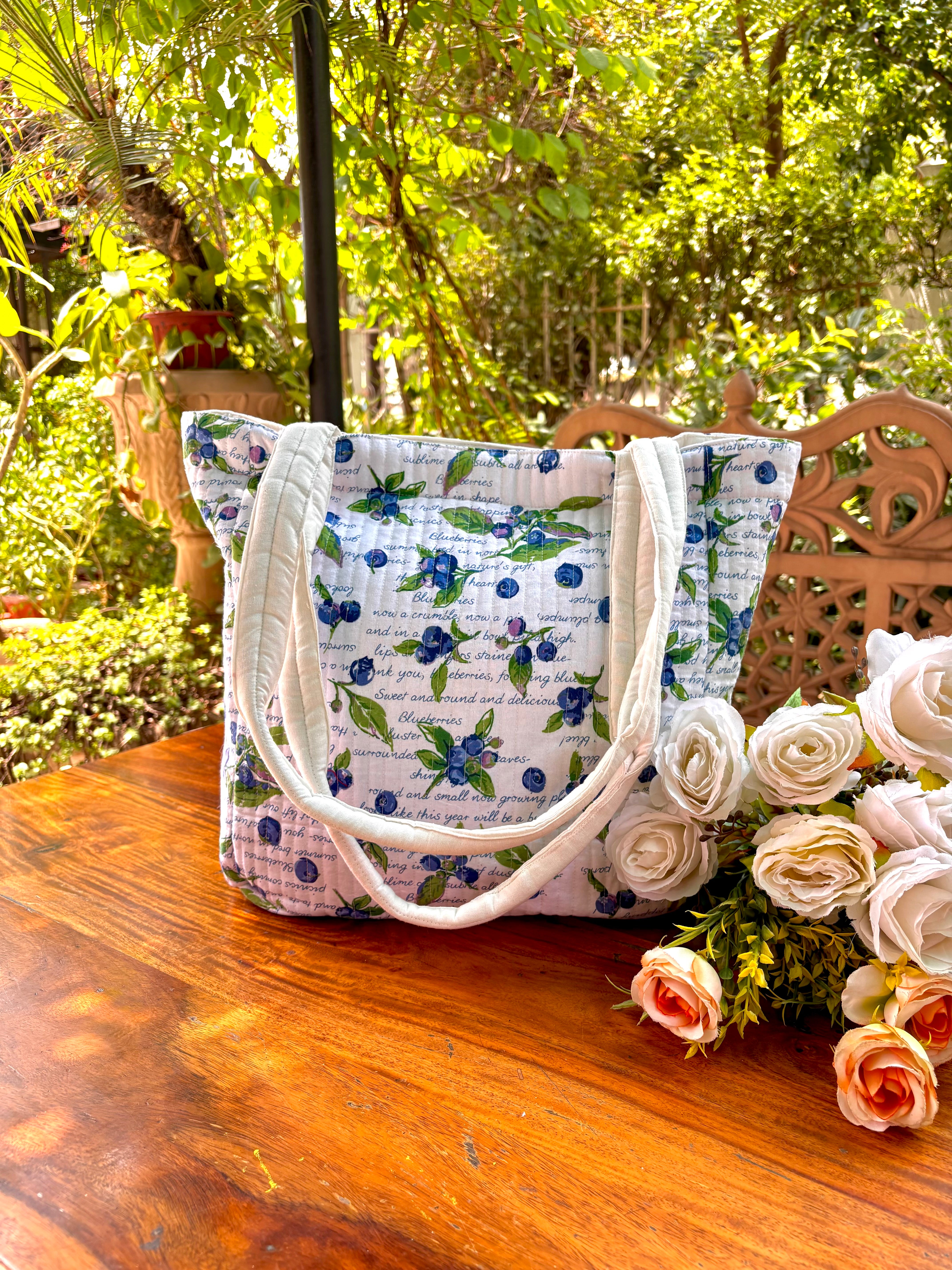 Blueberry Quilted Tote Bag – White