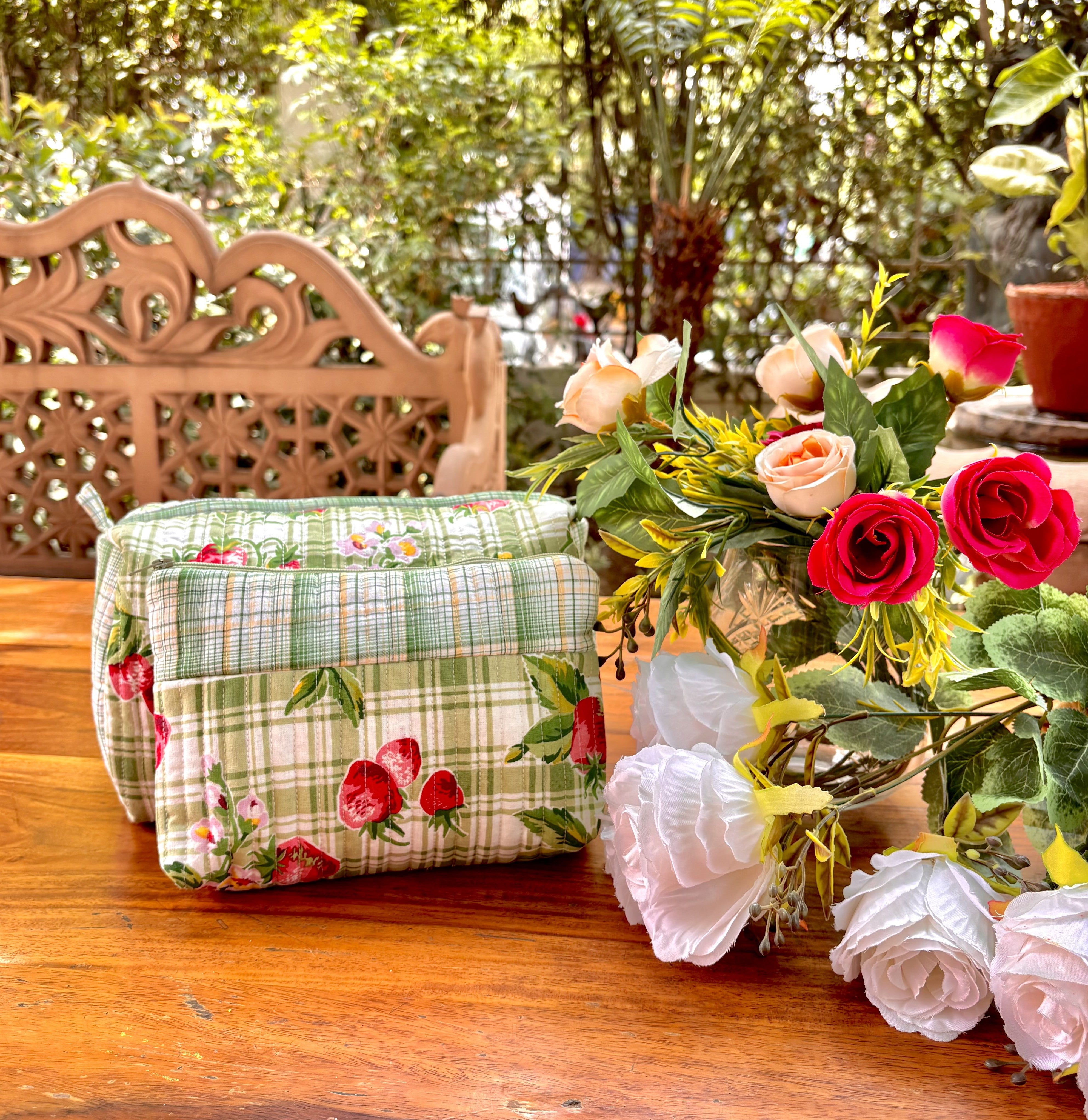 Strawberry Check Cosmetic Bags Set of 2 - Green