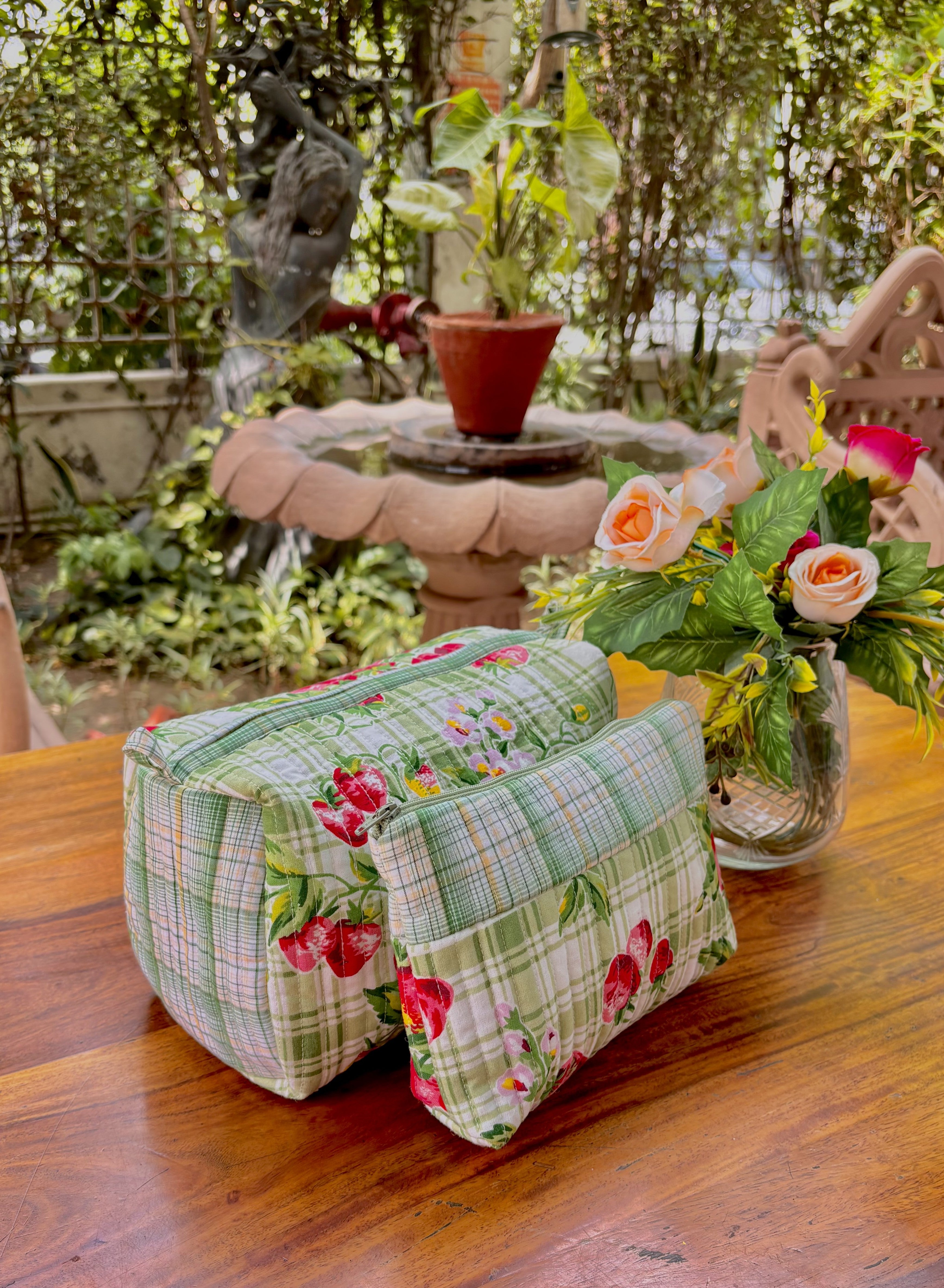 Strawberry Check Cosmetic Bags Set of 2 - Green